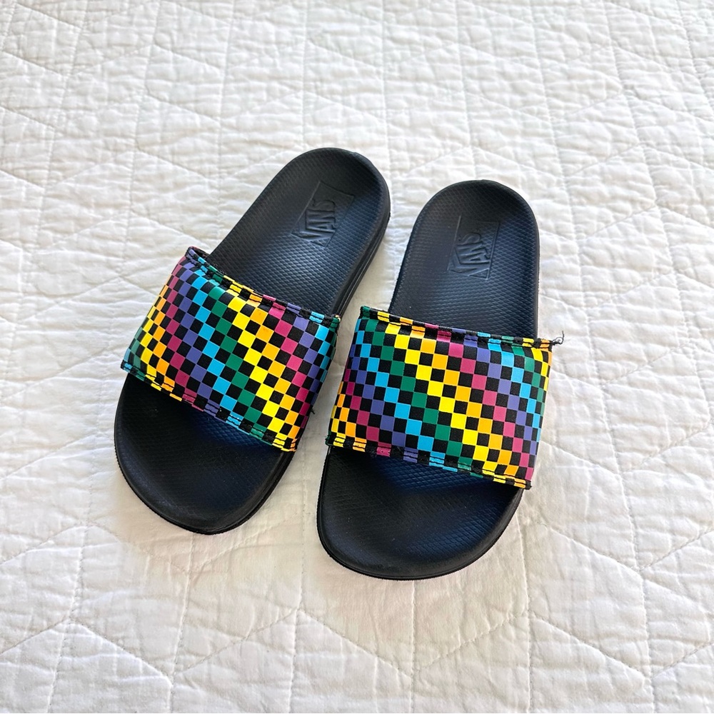 Vans Kids' Black Slide Sandals with Rainbow Check